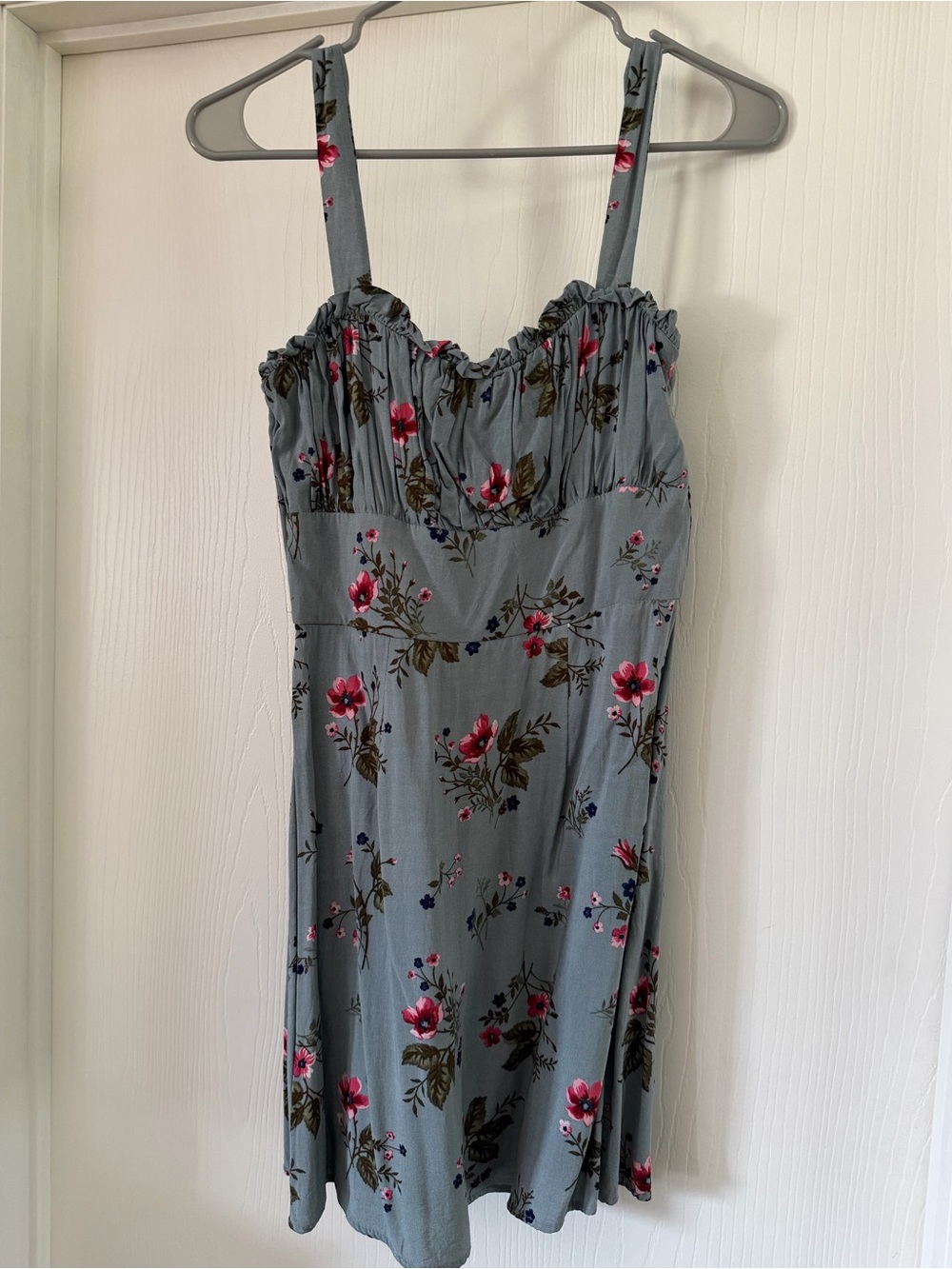 Grey/Blue Floral Spaghetti Strap Sundress with Pink Blooms